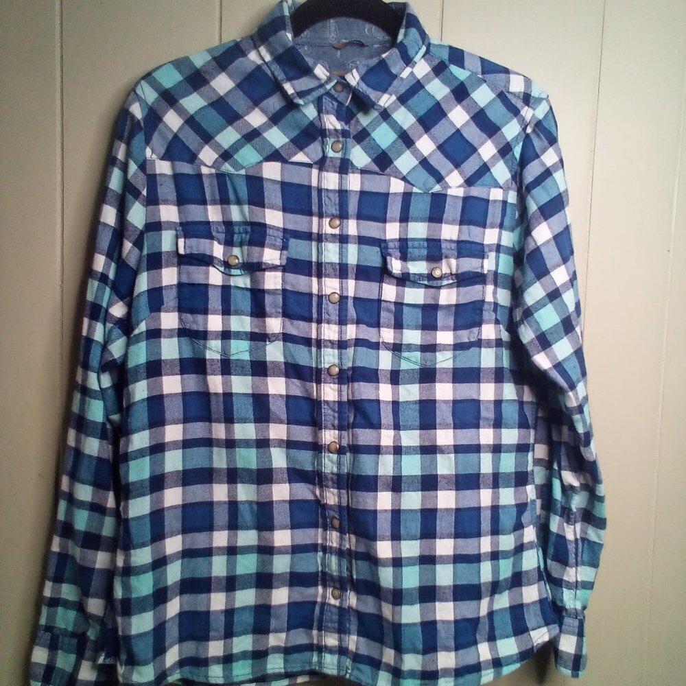 Jachs Pearl Snap Shirt S Plaid Western Blue Green